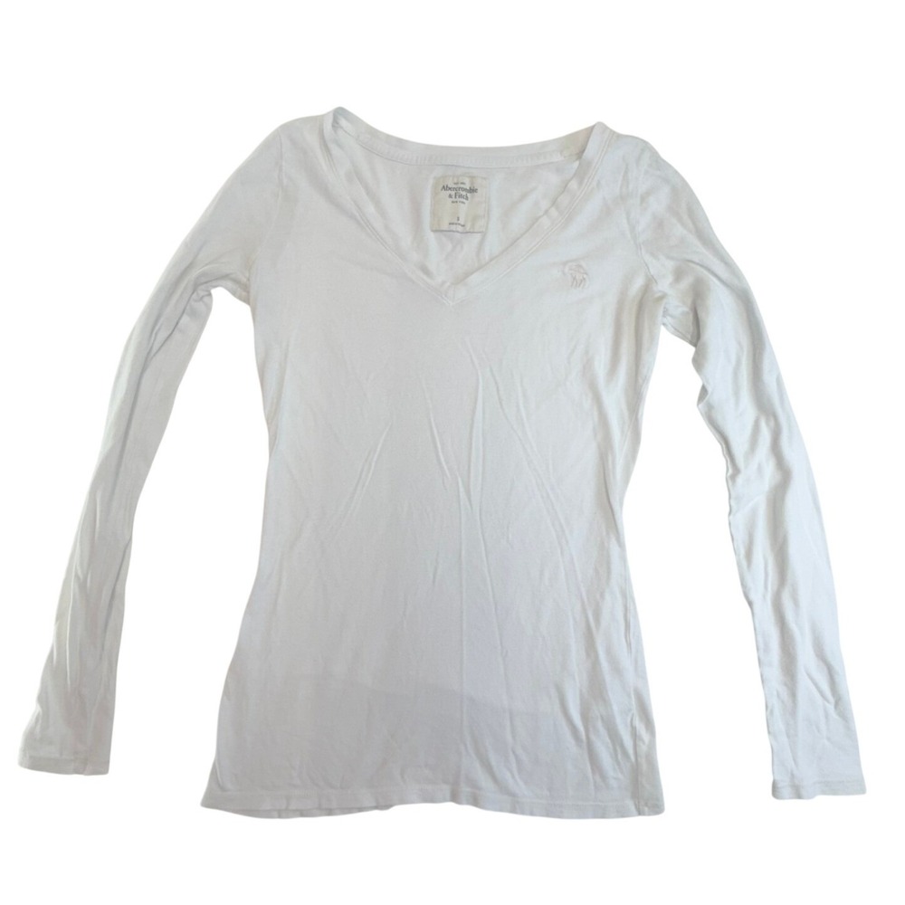Abercrombie & Fitch Long Sleeve Tee Womens Size S‎ White V-Neck Moose Logo Top